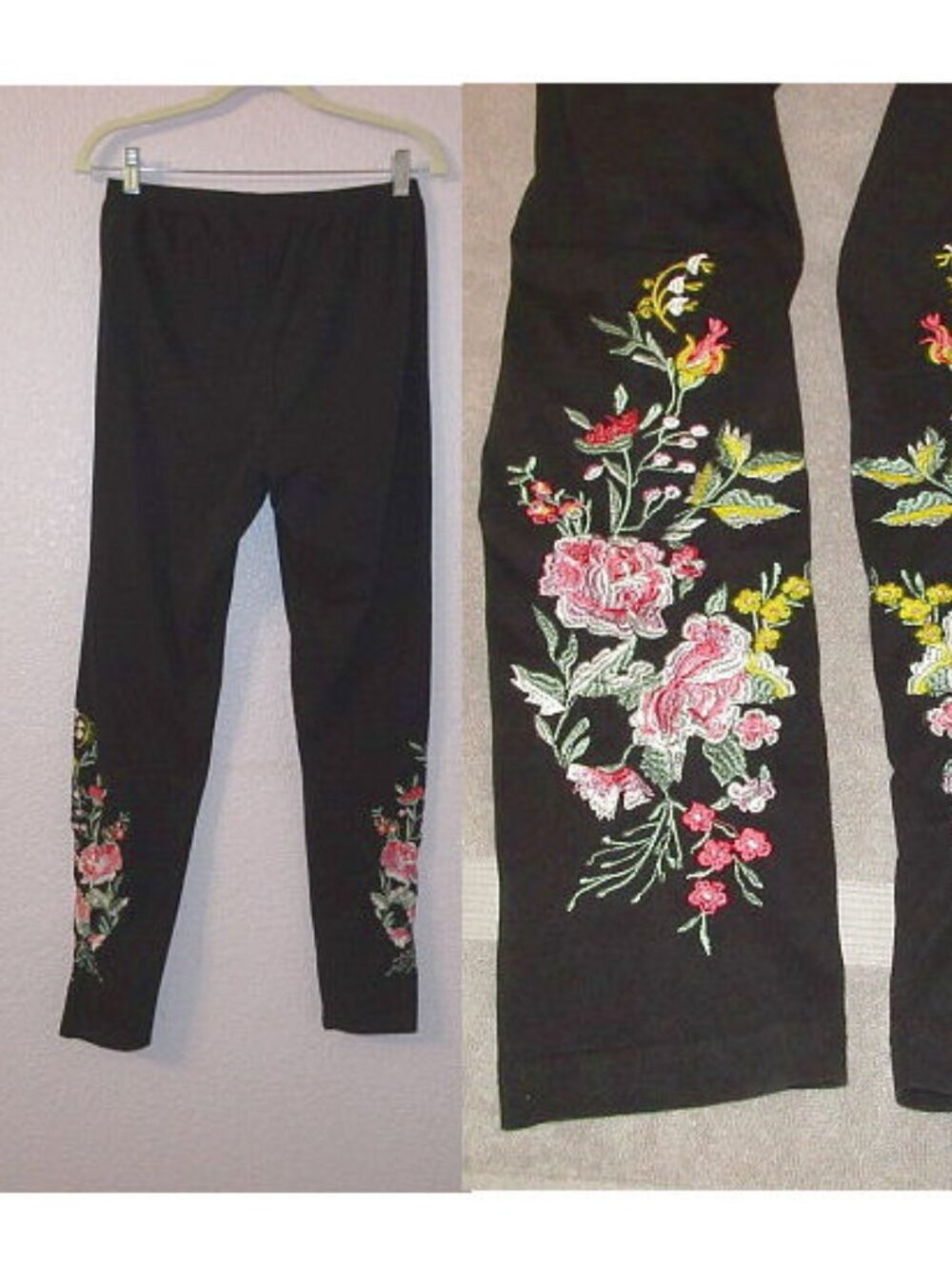 Dark Floral Embroidered Leggings Womens 14 16 High Rise Pull On Whimsigoth Boho